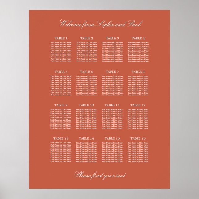 Terracotta 16 Bord Wedding Plats Poster (Framsidan)