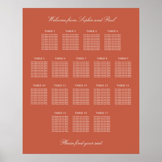 Terracotta 17 Bord Bröllop-sittplatsdiagram Poster (Framsidan)