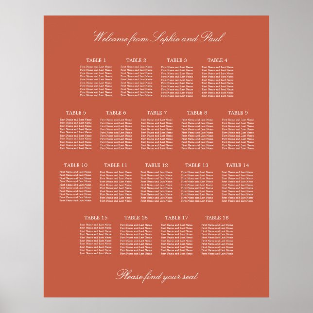 Terracotta 18 Bord Bröllop-sittplatsdiagram Poster (Framsidan)