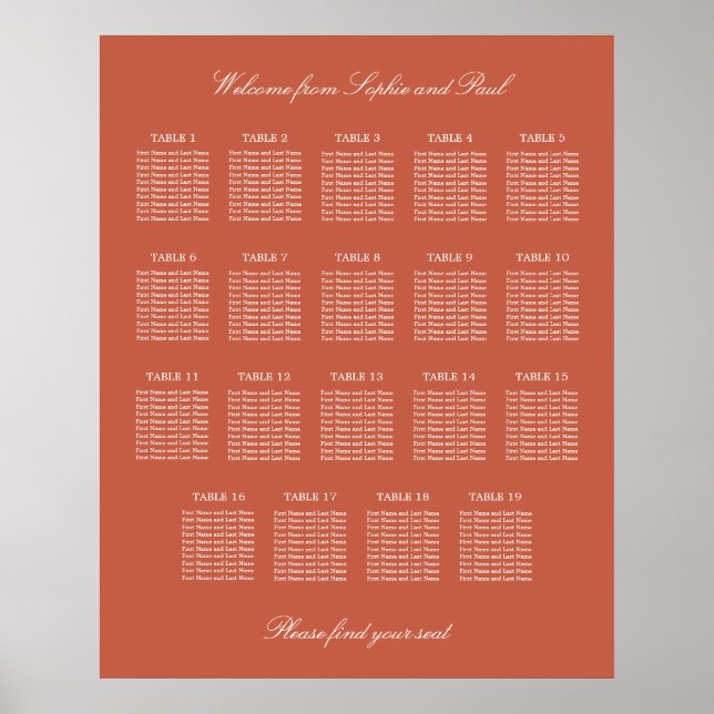 Terracotta 19 Bord Bröllop-sittplatsdiagram Poster (Framsidan)