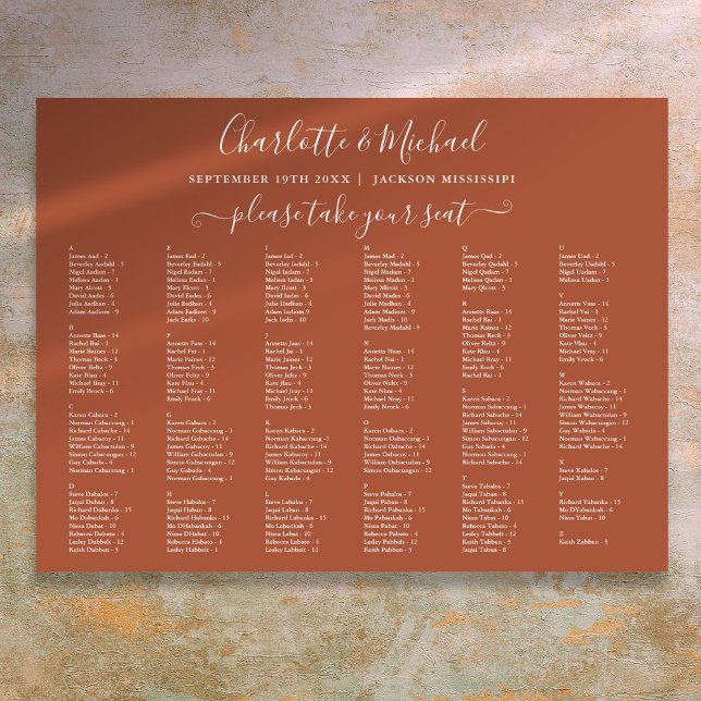 Terracotta 200 namn bröllops sittplatskarta poster (Terracotta 200 Names Wedding Seating Chart)