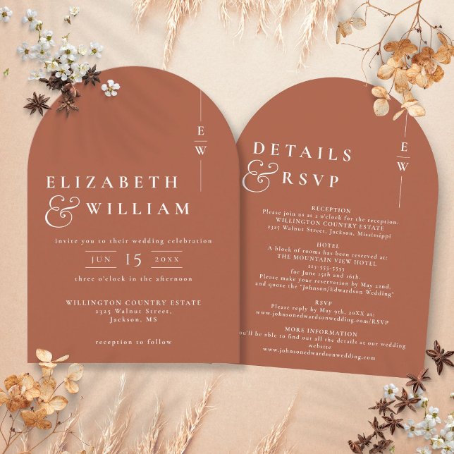 Terracotta Allt i ett Modernt Monogram Bröllopsbåg Inbjudningar (Terracotta All In One Modern Monogram Wedding Arch Invitation)