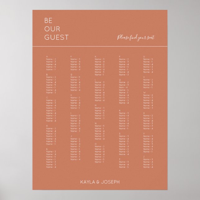 Terracotta Alphabetical Bröllop Seating Chart Poster (Framsidan)
