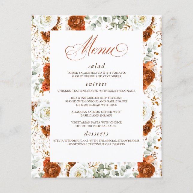 Terracotta and White Floral Elegant Wedding Menu Flygblad (Framsidan)