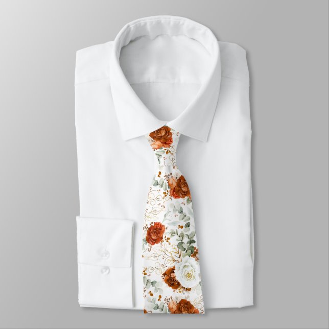 Terracotta and White Floral Wedding Neck Tie Slips (Bunden)