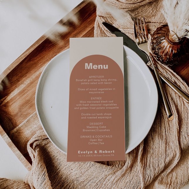 Terracotta Arch Minimalist Formal Bröllop Menu Meny (Skapare uppladdad)