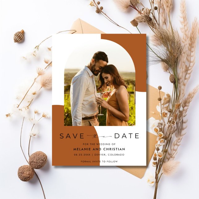 Terracotta Arch Photo Bröllop Spara Datumet (Terracotta Arch Photo Wedding Save The Date)