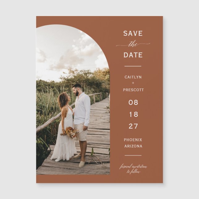 Terracotta Arch Photo Save Date Magnetic Card (Framsida)