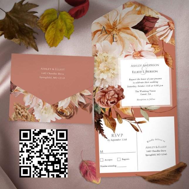 Terracotta Autumn Elegant, Fall bröllop (Terracotta Fall wedding invitation with postcard rsvp. Watercolor Floral Autumn Wedding invites.)