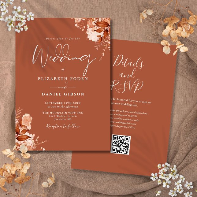 Terracotta Autumn Fall Blommigt QR Code Bröllop Inbjudningar (Terracotta Autumn Fall Floral QR Code Wedding Invitation)