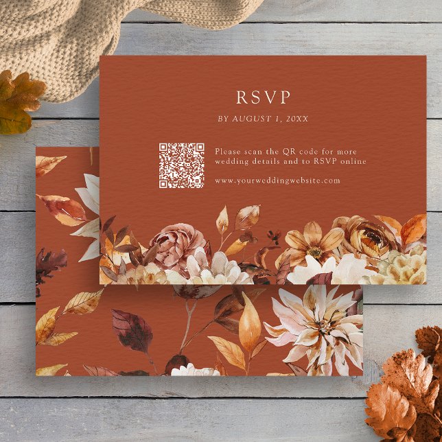 Terracotta Autumn QR Code OSA kort (Watercolor Terracotta Autumn Floral QR Code RSVP Card by Painted Paperie
)