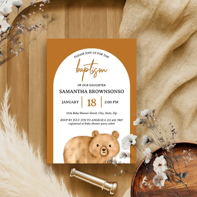 Terracotta Bear Baby Baptism Inbjudningar (Skapare uppladdad)