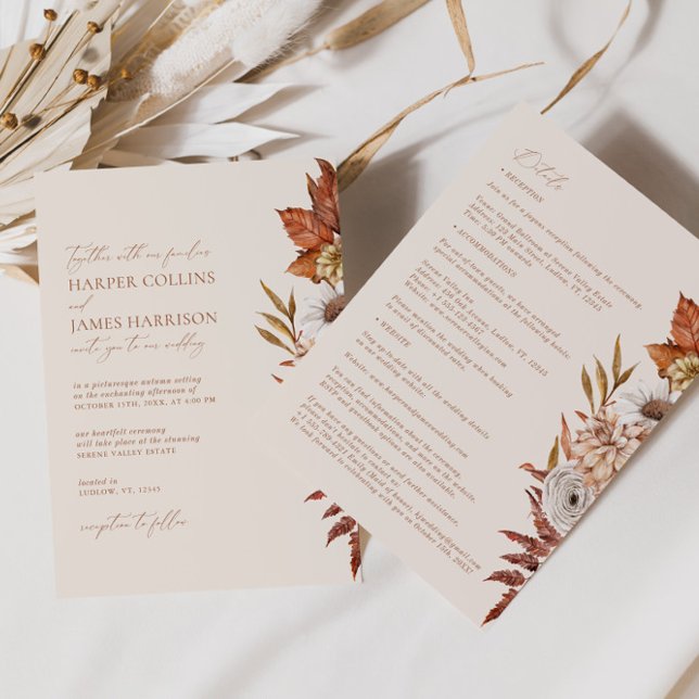 Terracotta Beige Modern Blommigt Boho Fall Wedding Inbjudningar (Skapare uppladdad)