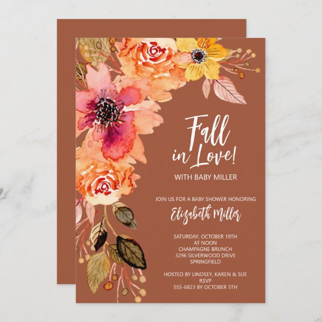 Terracotta Blommigt Baby Shower Inbjudningar (Fram/baksida)