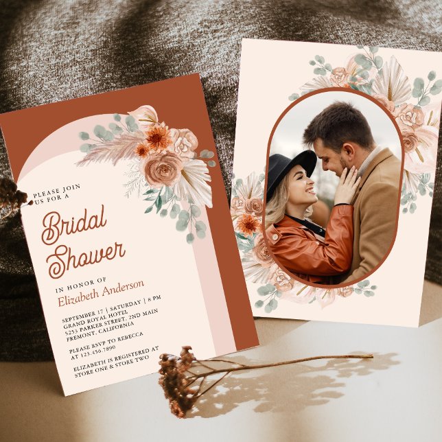 Terracotta Blommigt Boho Pampas Photo Möhippa Inbjudningar (Skapare uppladdad)