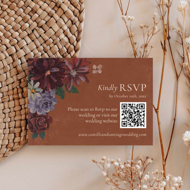 Terracotta Blommigt Bröllop OSA QR-kod Kort (Moody Terracotta Wedding Rsvp with QR Code Card)