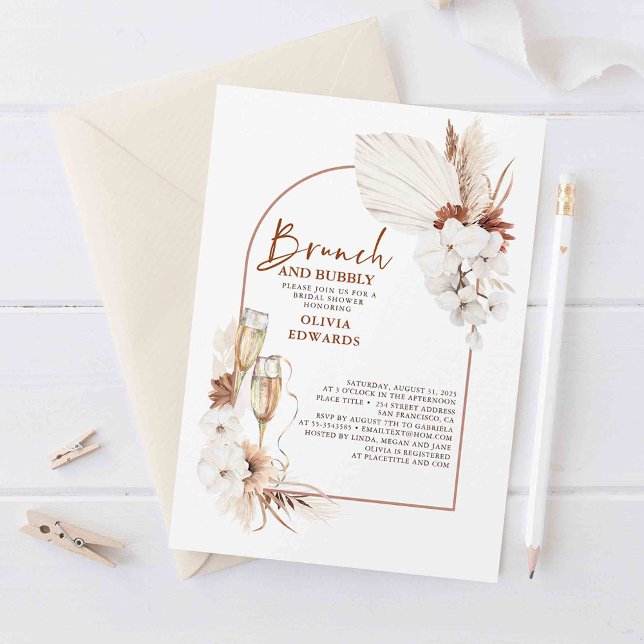 Terracotta Blommigt Brunch och Bubly Möhippa Inbjudningar (White orchids and pampas grass bridal shower invites set a sophisticated tone)