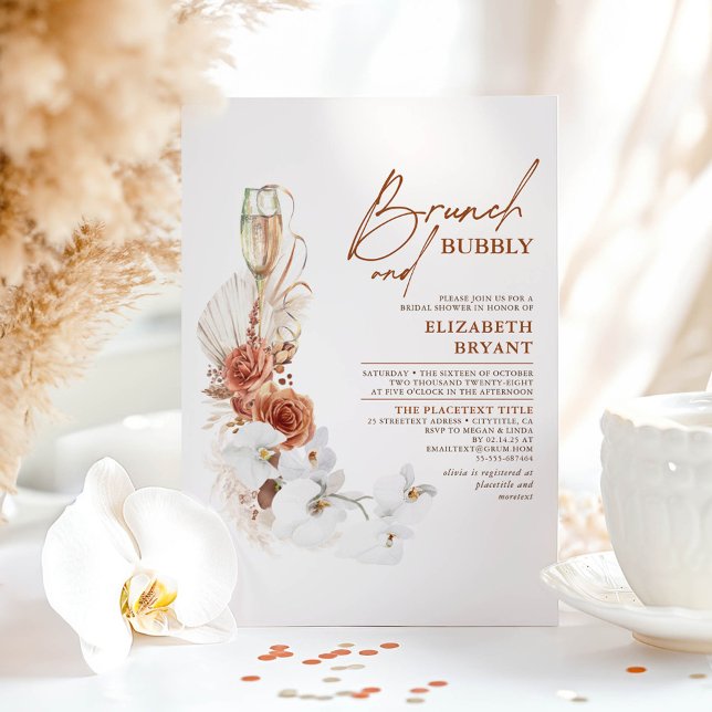 Terracotta Blommigt Brunch och Bubly Möhippa Inbjudningar (Brunch and Bubbly Bridal Shower Invitations)