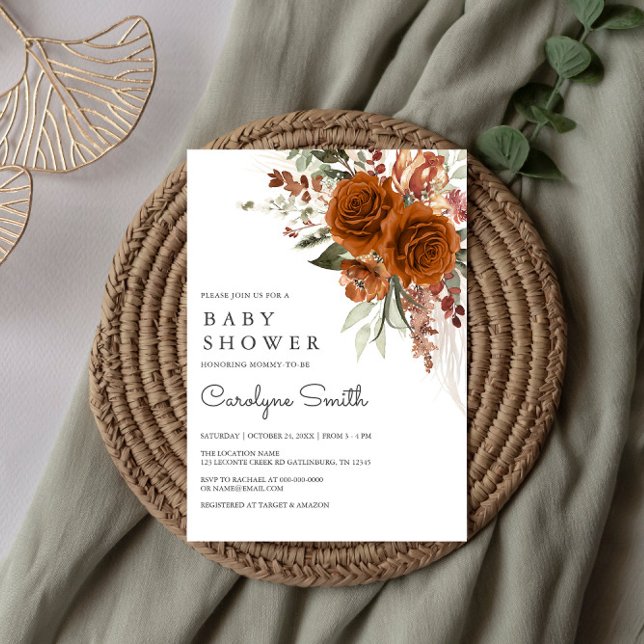 Terracotta Blommigt Burnt Orange Boho Baby Shower Inbjudningar (Skapare uppladdad)