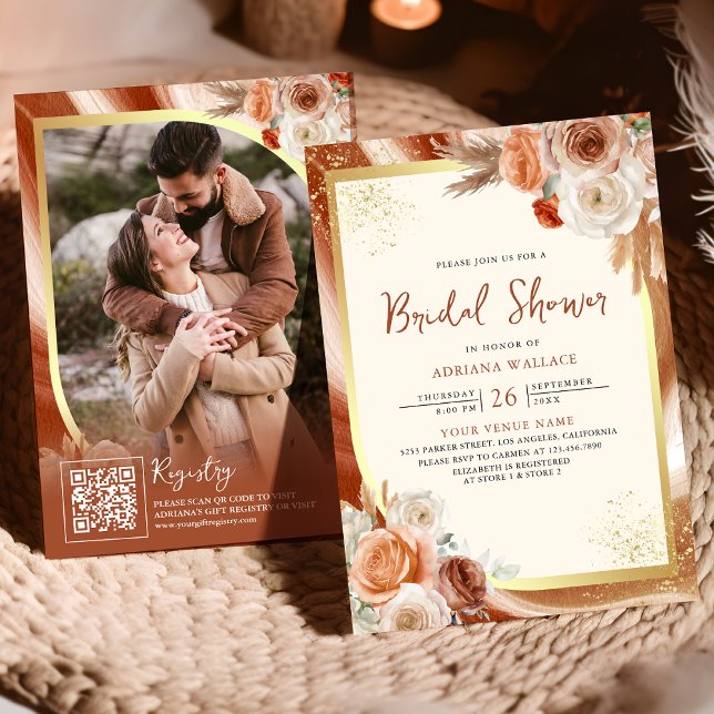 Terracotta Blommigt Cream Guld QR Code Möhippa Inbjudningar (Skapare uppladdad)