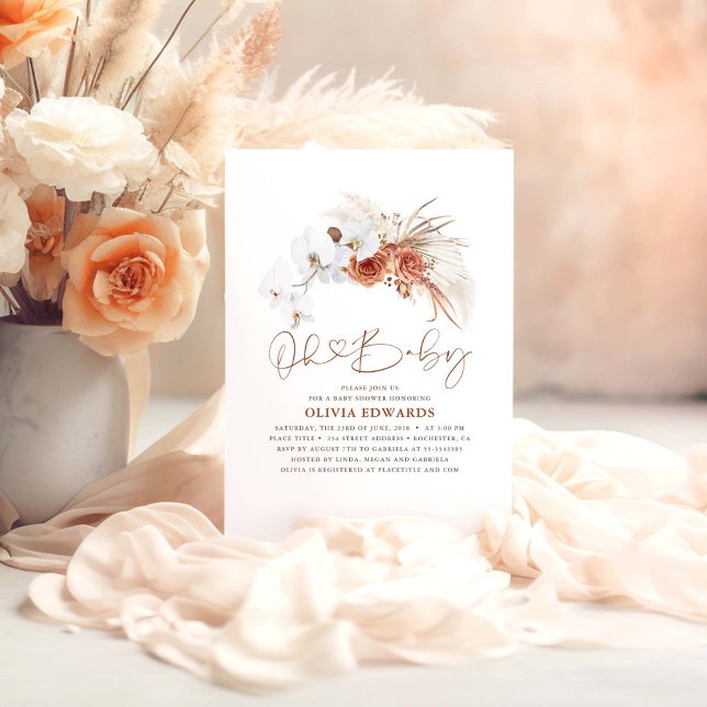 Terracotta Blommigt Cute Modern Boho Baby Shower Inbjudningar (Oh Baby Terracotta Floral Boho Baby Shower Invitations)