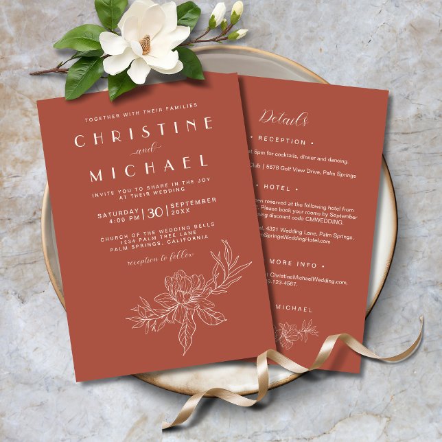 Terracotta Blommigt Elegant allt i en BOHO Bröllop Inbjudningar (Terracotta Floral Elegant All-In-One BOHO Wedding Invitation with Magnolias, Wedding Details.)