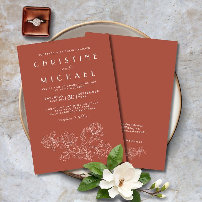 Terracotta Blommigt Elegant Formal Bröllop Inbjudningar (Terracotta Floral Elegant Formal Wedding Invitation with Magnolias Line Art, Ivory, Script Fonts.)