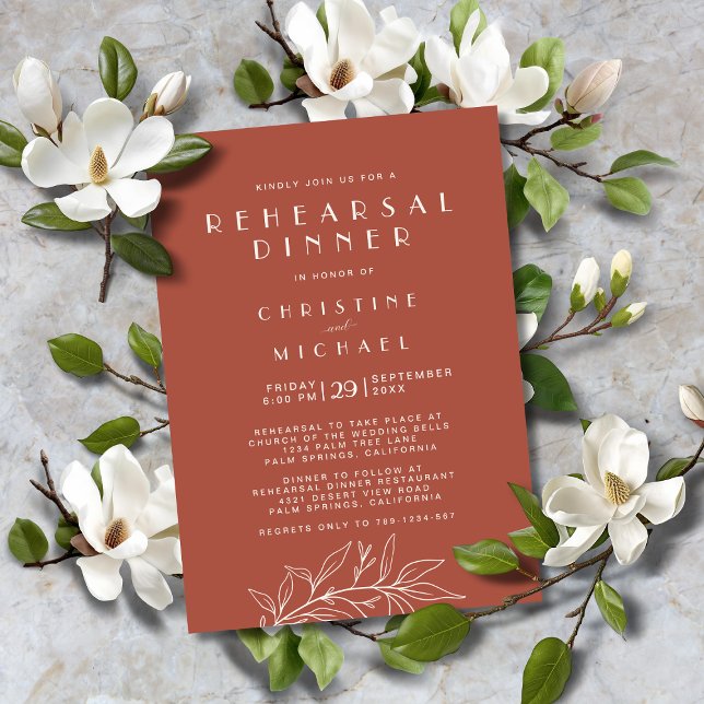 Terracotta Blommigt Elegant Formal Bröllop Rehears Inbjudningar (Terracotta Floral Elegant Formal Wedding Rehearsal Dinner Invitation with Magnolia Leaves Line Art.)