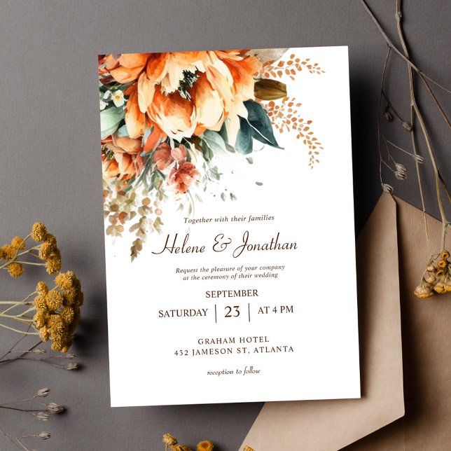 Terracotta Blommigt Elegant Rustic Fall Wedding Inbjudningar (Terracotta Floral Elegant Rustic Fall Wedding Invitation)