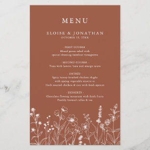 Terracotta Blommigt Fall Wildblomma Bröllop Menu