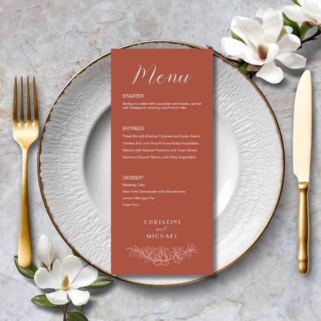 Terracotta Blommigt Formal Elegant bröllop Meny (Terracotta Floral Formal Elegant Wedding Menu with courses, menu options, couple names, magnolia.)