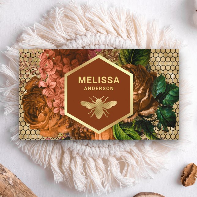 Terracotta Blommigt Gold Foil Honeycomb honey Bee Visitkort (Skapare uppladdad)