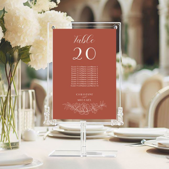 Terracotta Blommigt Guest Namn Bröllop Bordsnummer (Terracotta Floral Wedding Table Number with Guest Names, Couple Name, Magnolia Flowers.)