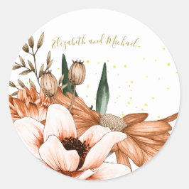 Terracotta Blommigt Guld Elegant Chic Bröllop Runt Klistermärke
