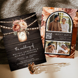 Terracotta Blommigt Mason Burk Wood QR Code Bröllo Inbjudningar