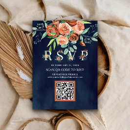 Terracotta Blommigt Navy Blue QR Code OSA Bröllop Tilläggskort