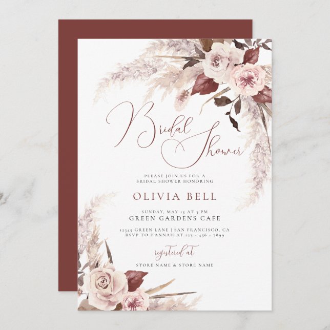 Terracotta Blommigt Pampas Earthy Boho Möhippa Inbjudningar (Fram/baksida)