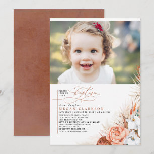 Terracotta Blommigt Pampas Grass Baptism Photo Inbjudningar