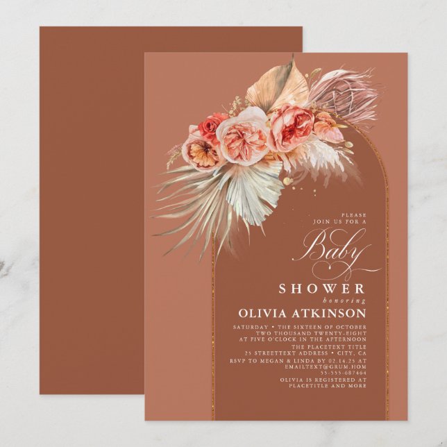 Terracotta Blommigt Pampas Grass Boho Baby Shower Inbjudningar (Fram/baksida)