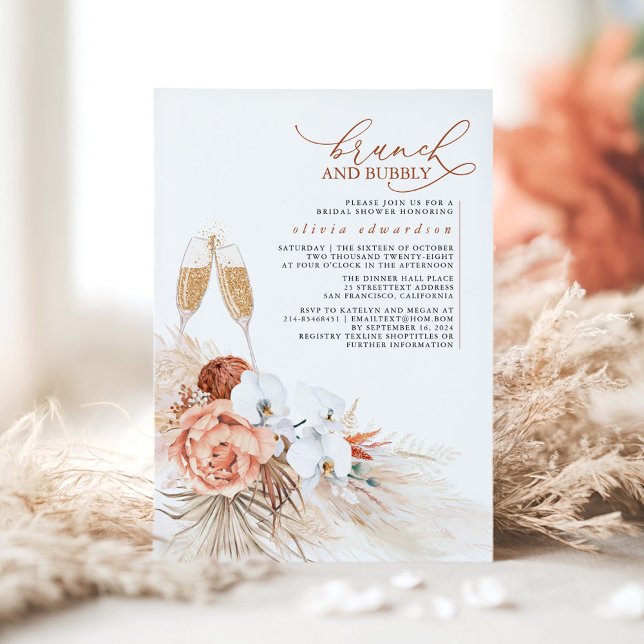 Terracotta Blommigt Pampas Grass Brunch och BubLY Inbjudningar (Floral Terracotta Bridal Shower Invitation - Brunch and Bubbly)