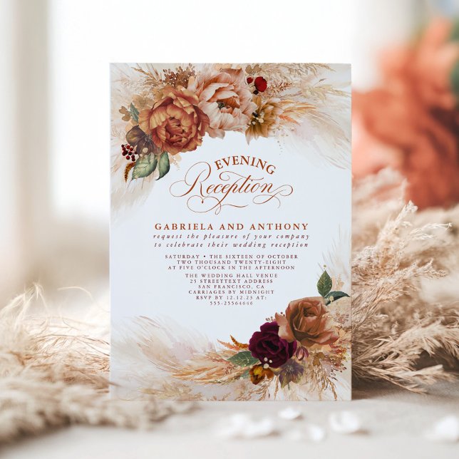 Terracotta Blommigt Pampas Grass Evening Reception Inbjudningar (Terracotta Floral Fall Wedding Evening Reception Invitations)