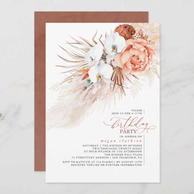 Terracotta Blommigt Pampas Grass Födelsedagsfest Inbjudningar (Fram/baksida)