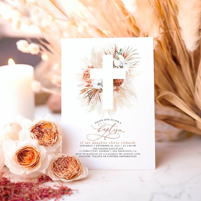 Terracotta Blommigt Pampas Grass Modern Baptism In Inbjudningar (Baptism Boho Floral Invitations)