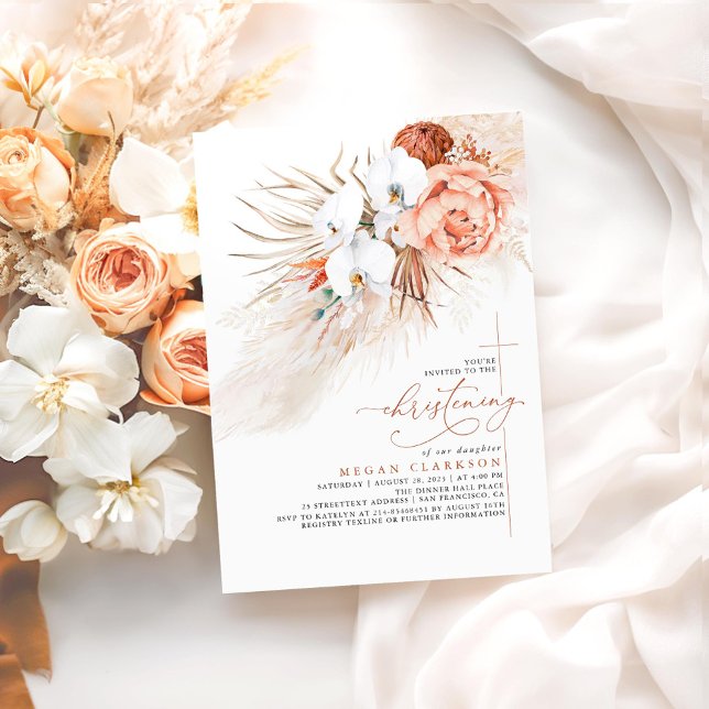 Terracotta Blommigt Pampas Grass Modern Christenin Inbjudningar (Terracotta Boho Floral Christening Invitations)