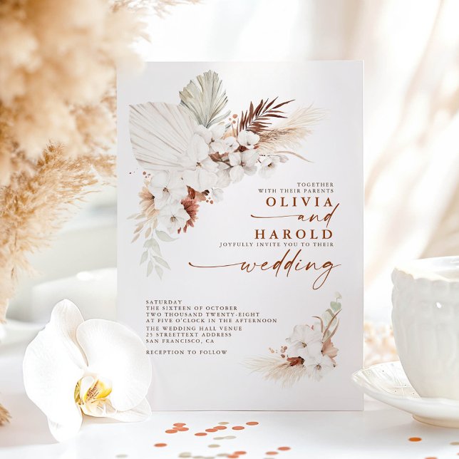 Terracotta Blommigt Pampas Grass Orchids Bröllop Inbjudningar (Boho Floral Wedding Invitations)