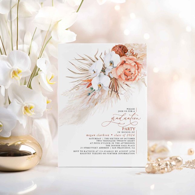 Terracotta Blommigt Pampas Grass Studentfest Inbjudningar (Graduation Invitations with White Orchids and Terracotta Foliage)