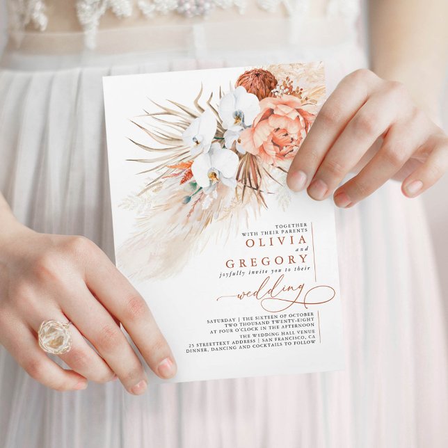 Terracotta Blommigt Pampas Grass Tropical Bröllop Inbjudningar (White Orchids Elegant Floral Wedding Invitation)