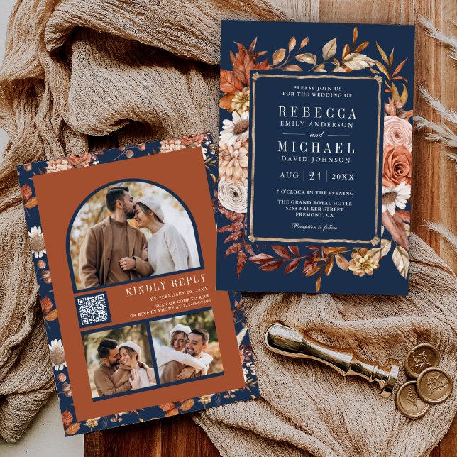 Terracotta Blommigt Photo QR-kod Navy Blue Bröllop Inbjudningar (Skapare uppladdad)