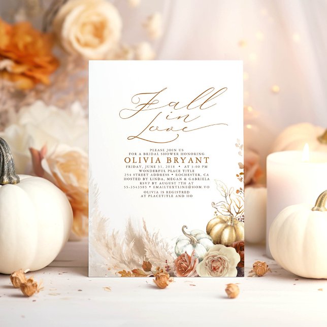 Terracotta Blommigt Pumpkins Fall Möhippa Inbjudningar (Fall in Love Bridal Shower Invitations featuring Earthy Flowers and Gold Pumpkins)