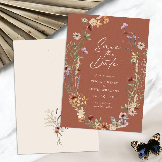 Terracotta Blommigt sparar det platta datumkortet Spara Datumet (Boho Terracotta Floral Save The Date Flat Card by Painted Paperie
)